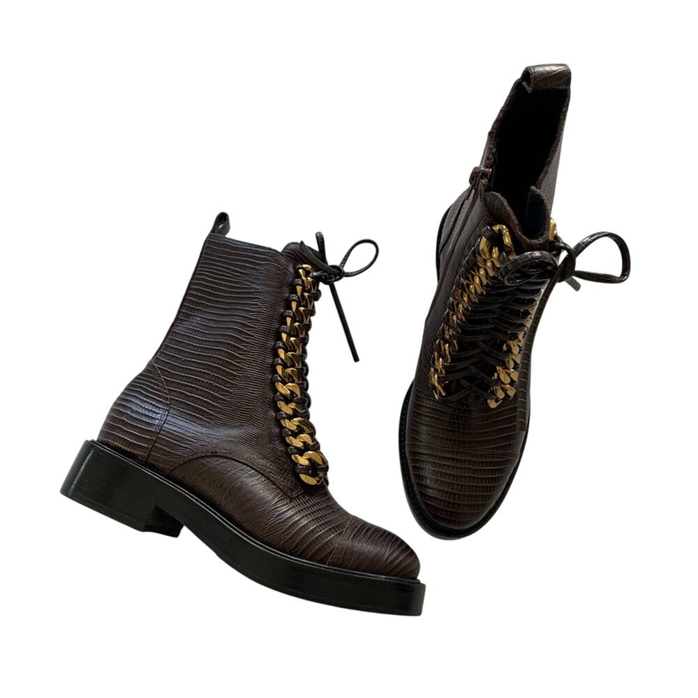 Jeffrey Campbell Damon Snakeskin Embossed Gold Chain Combat Moto Boots Size 6